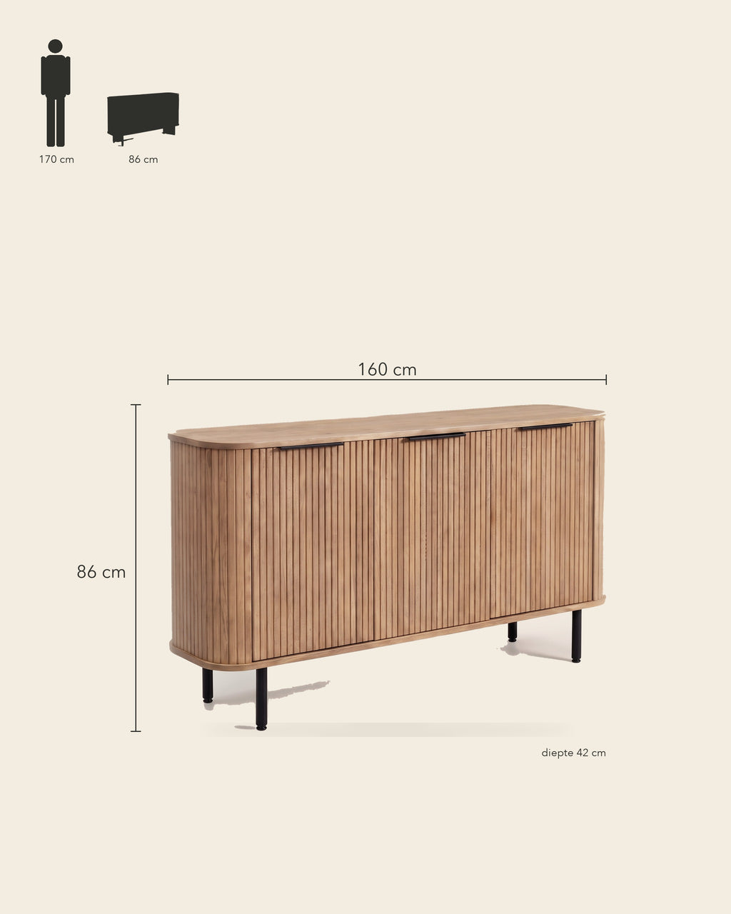 Luncera tv-meubel recht 3-deurs 160 cm in licht eiken, maatvoering 160 × 42 × 86 cm