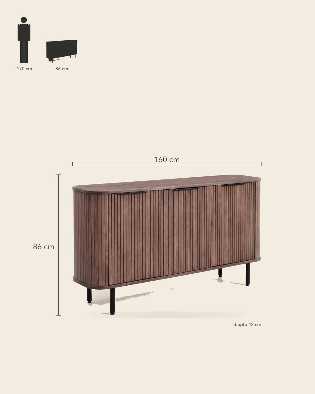 Luncera tv-meubel recht 3-deurs 160 cm in walnoot, maatvoering 160 × 42 × 86 cm