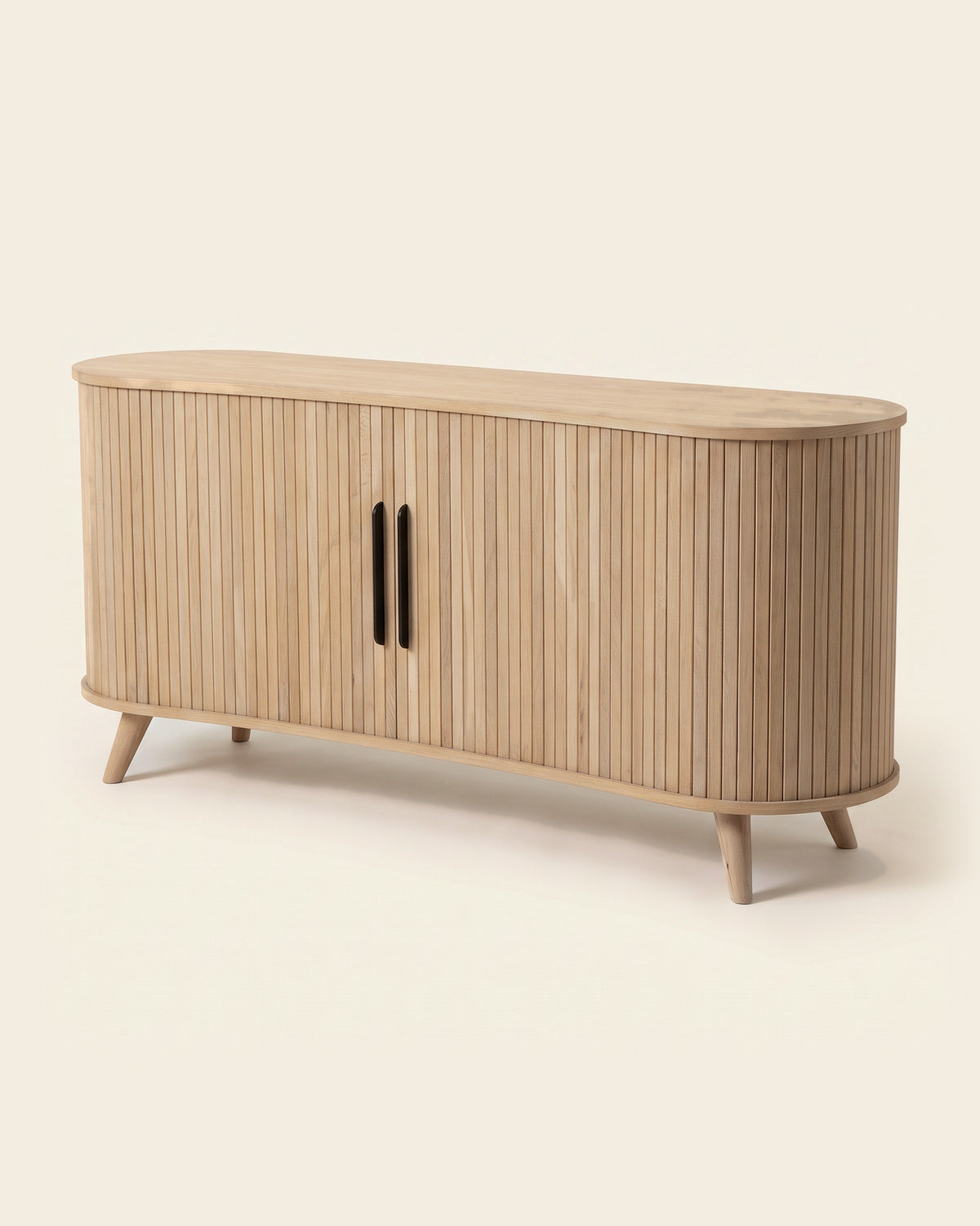 Luncera tv-meubel retro ovaal 160 cm in licht eiken, productfoto op crème achtergrond