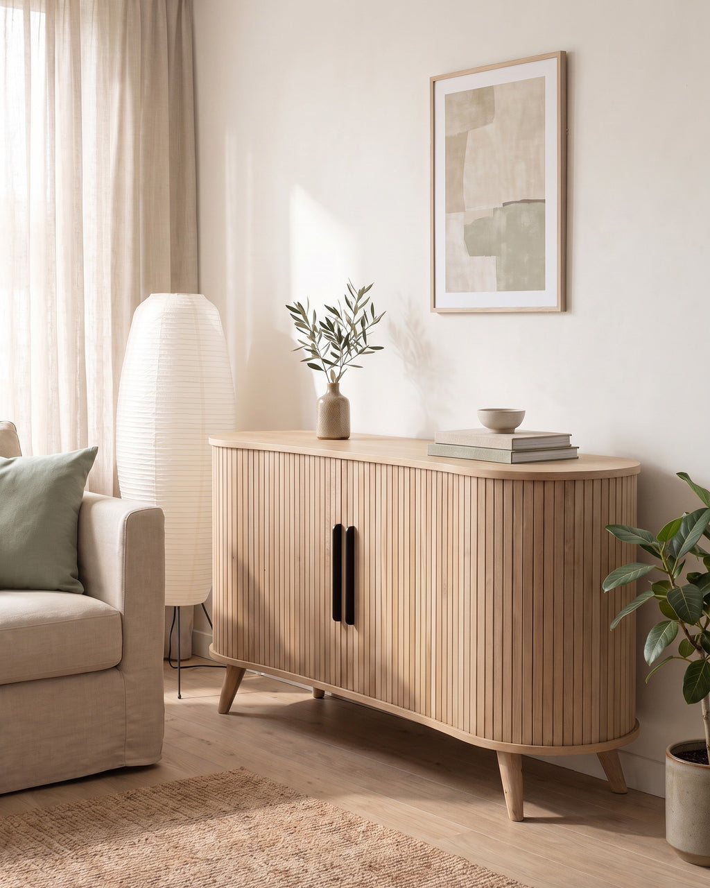 Luncera tv-meubel retro ovaal 160 cm in licht eiken, in gebruik in het interieur