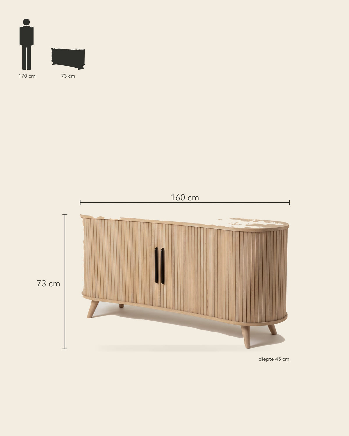 Luncera tv-meubel retro ovaal 160 cm in licht eiken, maatvoering 160 × 45 × 73 cm