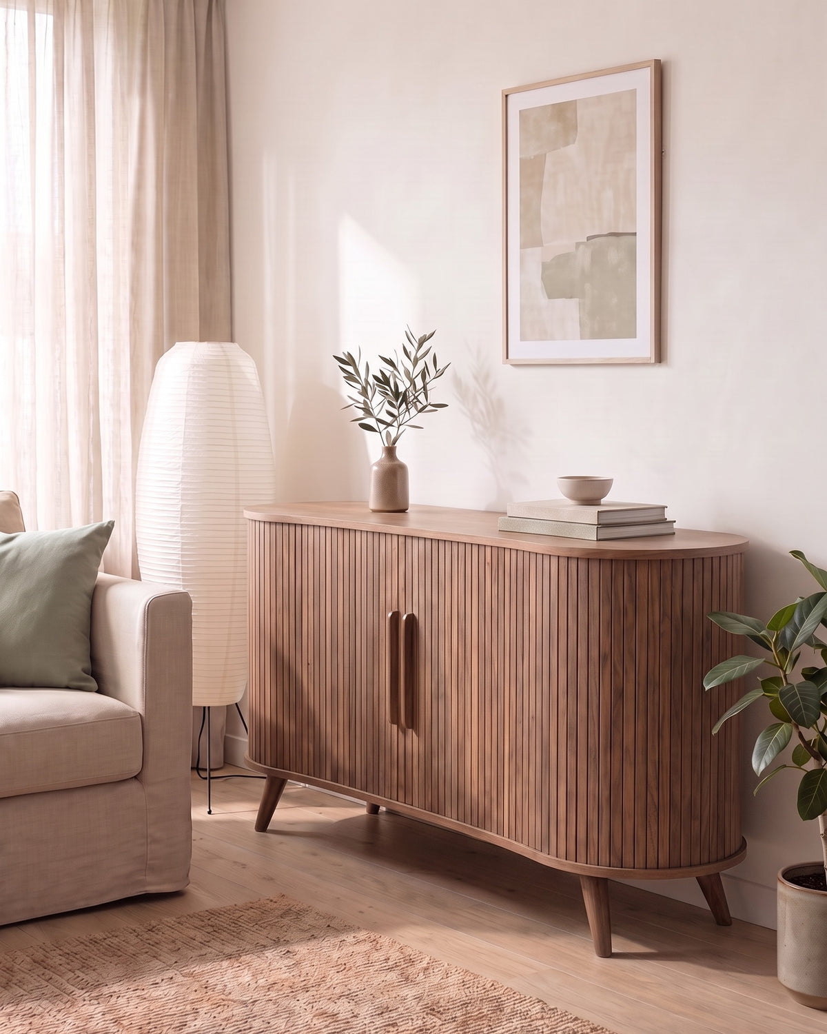 Luncera tv-meubel retro ovaal 160 cm in walnoot, in gebruik in het interieur