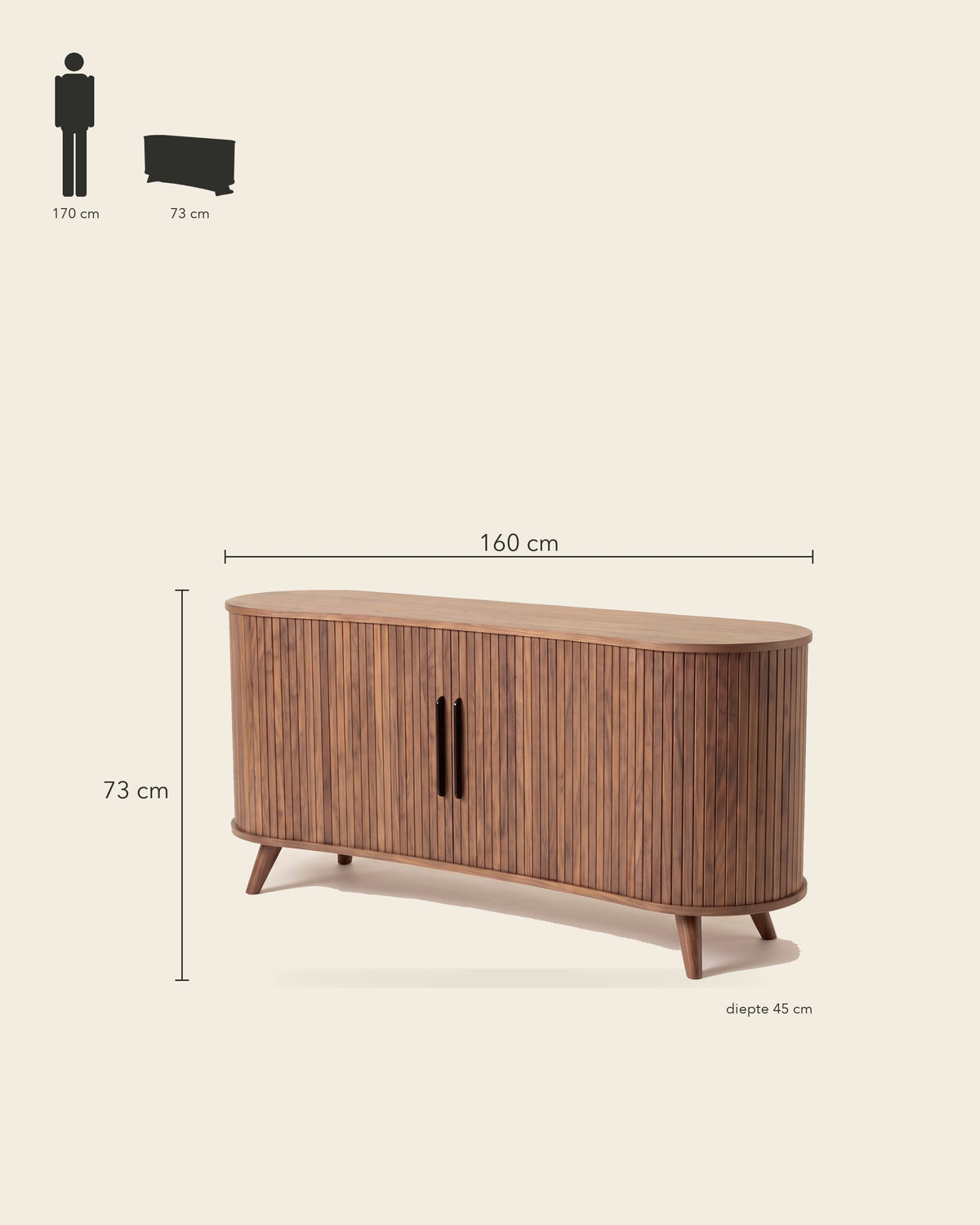 Luncera tv-meubel retro ovaal 160 cm in walnoot, maatvoering 160 × 45 × 73 cm