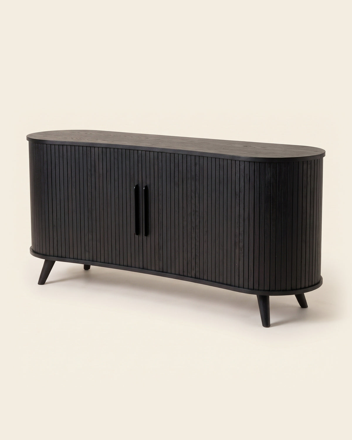 Luncera tv-meubel retro ovaal 160 cm in zwart, productfoto op crème achtergrond
