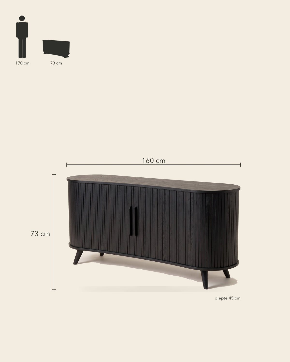 Luncera tv-meubel retro ovaal 160 cm in zwart, maatvoering 160 × 45 × 73 cm