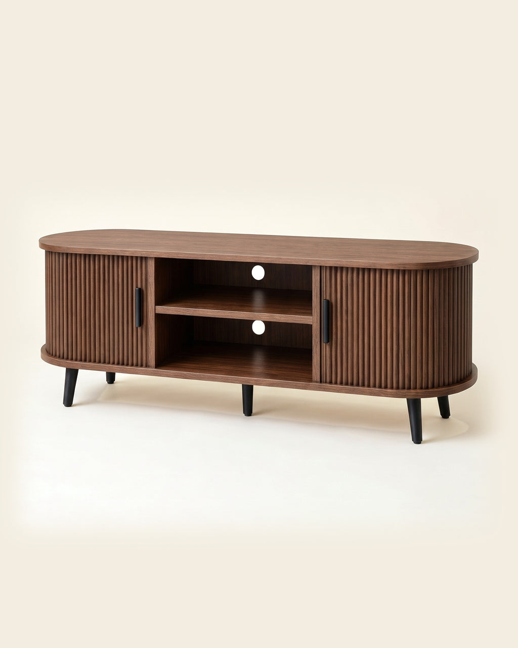 Luncera tv-meubel walnoot ribbel 120 cm, productfoto op crème achtergrond
