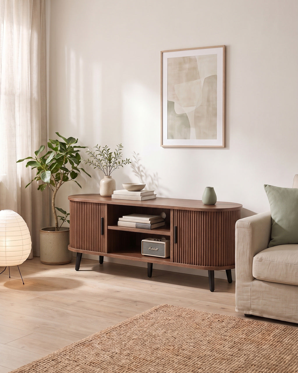 Luncera tv-meubel walnoot ribbel 120 cm, in gebruik in het interieur
