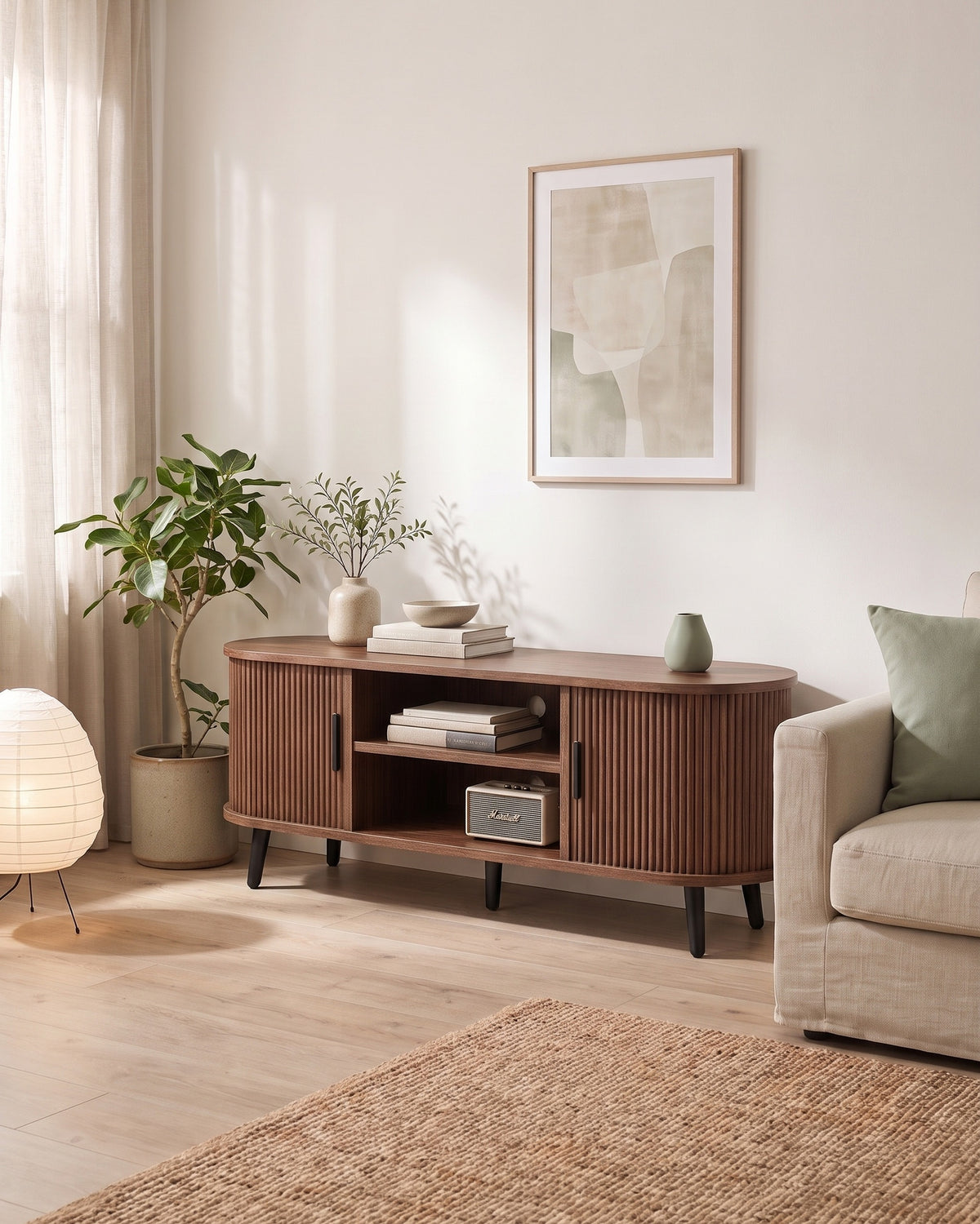 Luncera tv-meubel walnoot ribbel 120 cm, in gebruik in het interieur