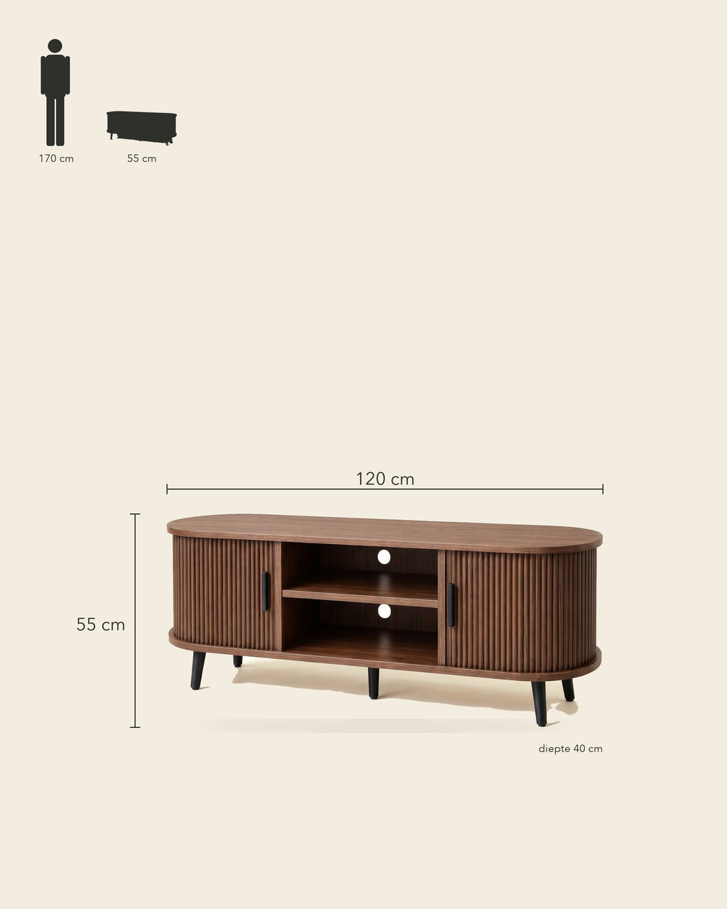 Luncera tv-meubel walnoot ribbel 120 cm, maatvoering 120 × 40 × 55 cm