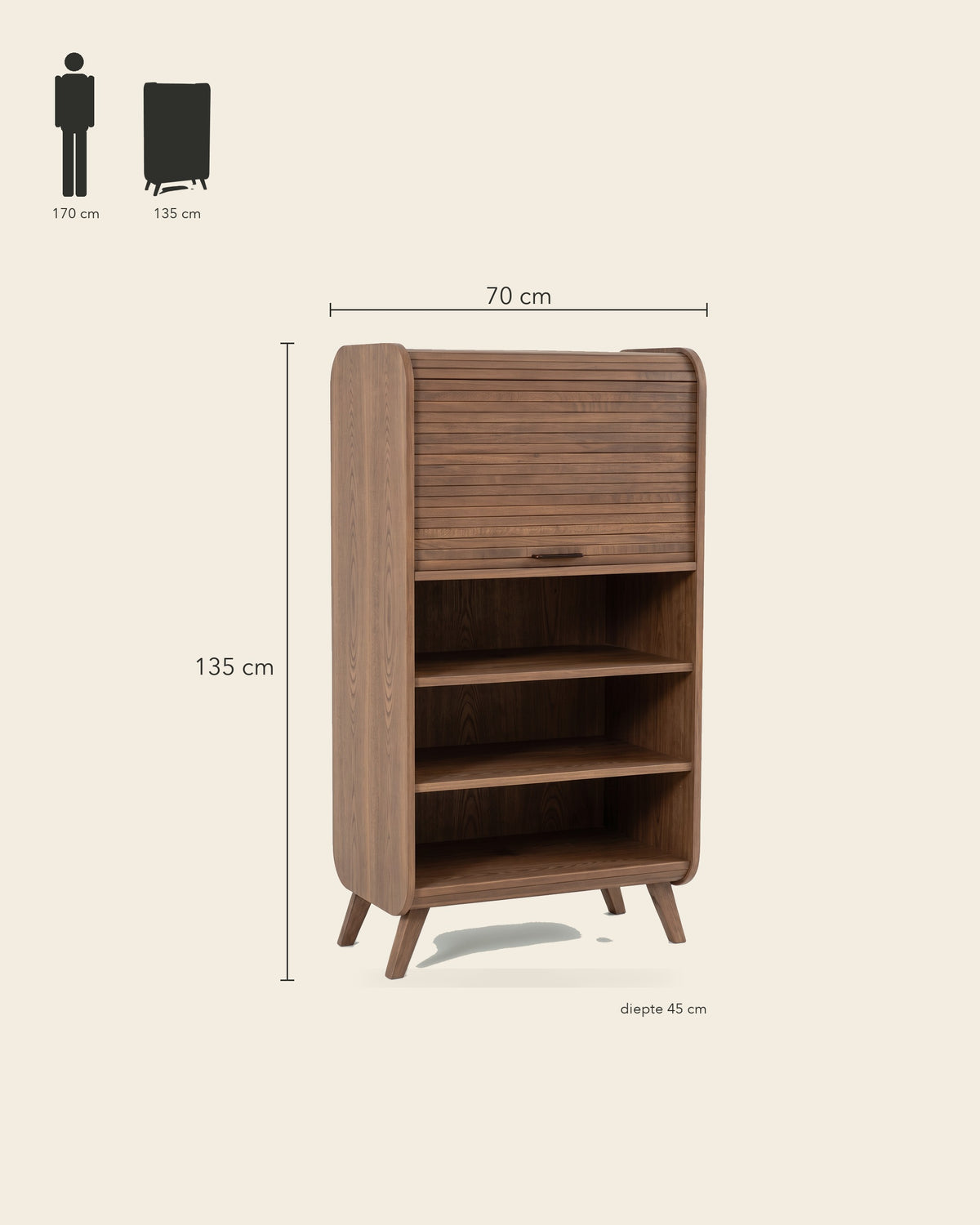 Luncera vitrinekast met rolluik in walnoot, maatvoering 70 × 45 × 135 cm